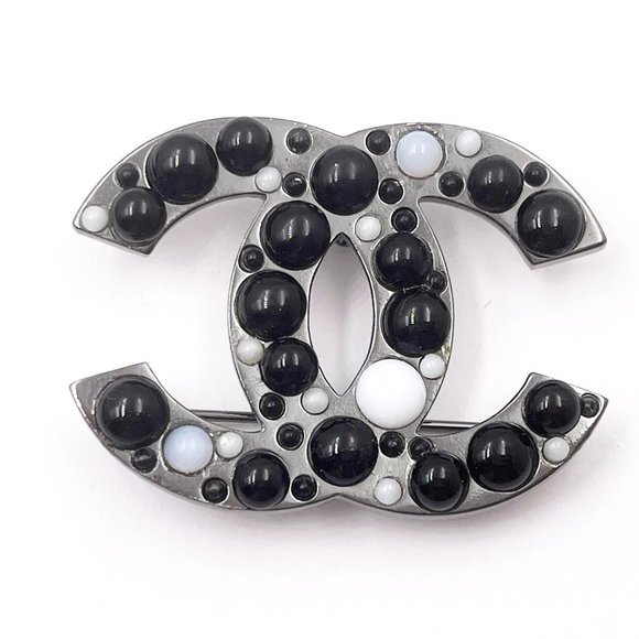 Chanel Gunmetal CC Black White Bead Brooch - Picture 1 of 3